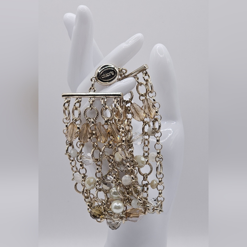 CHICO'S Silver-toned Glass And Faux Pearl Beaded Bracelet